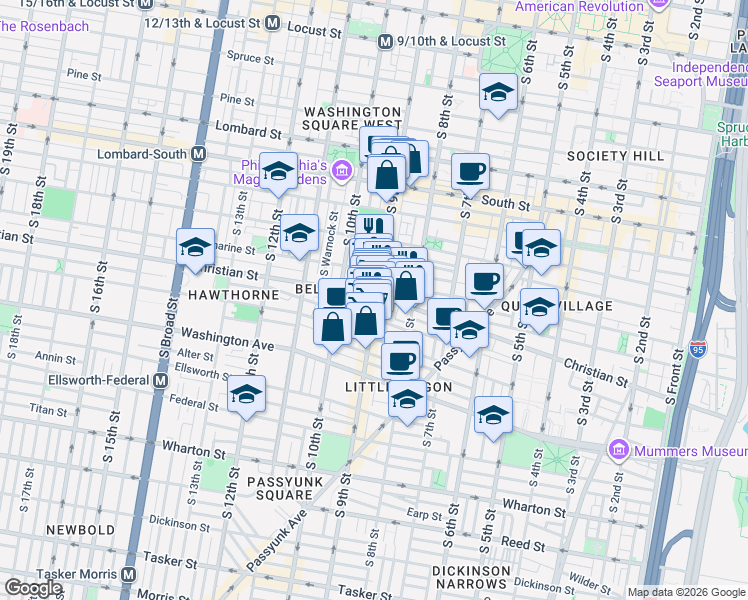 map of restaurants, bars, coffee shops, grocery stores, and more near 900 Christian Street in Philadelphia
