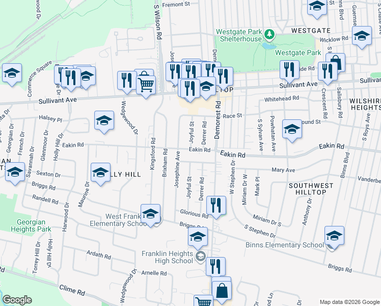 map of restaurants, bars, coffee shops, grocery stores, and more near 3537 Eakin Road in Columbus
