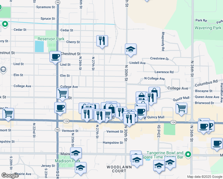 map of restaurants, bars, coffee shops, grocery stores, and more near 2818 College Avenue in Quincy