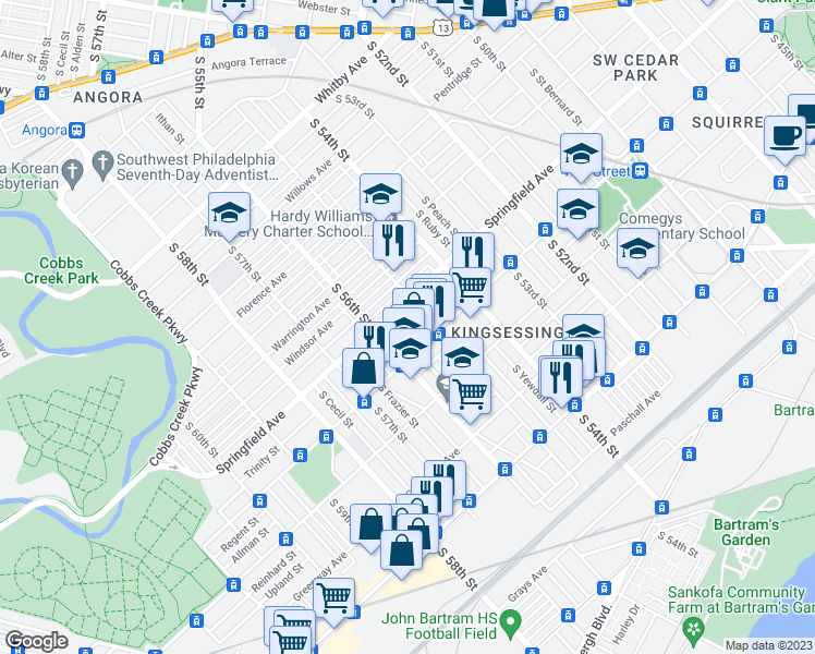 map of restaurants, bars, coffee shops, grocery stores, and more near 1430 South 55th Street in Philadelphia