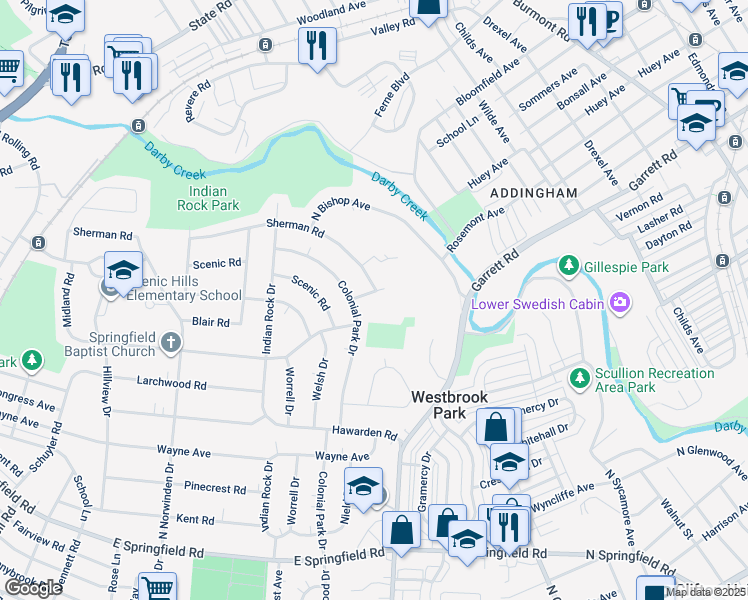 map of restaurants, bars, coffee shops, grocery stores, and more near 616 Hey Lane in Springfield