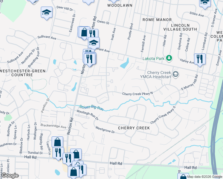 map of restaurants, bars, coffee shops, grocery stores, and more near 5244 Cherry Creek Parkway North in Columbus