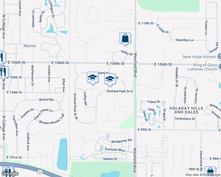 map of restaurants, bars, coffee shops, grocery stores, and more near 10404 Orchard Park Drive South in Indianapolis