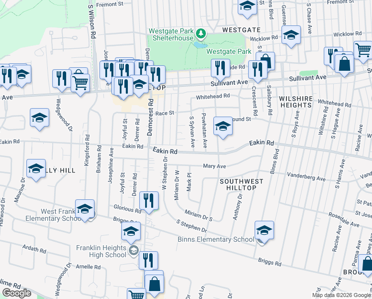 map of restaurants, bars, coffee shops, grocery stores, and more near 3312 Eakin Road in Columbus