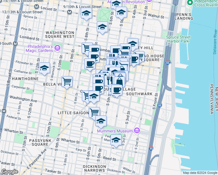 map of restaurants, bars, coffee shops, grocery stores, and more near 774 South 5th Street in Philadelphia