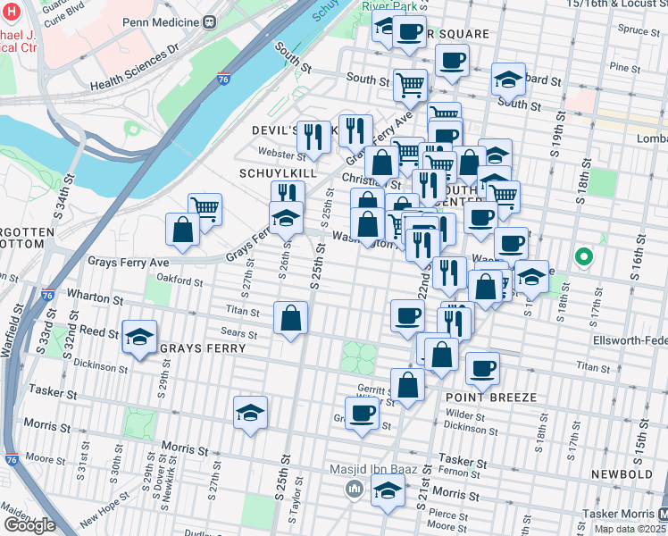 map of restaurants, bars, coffee shops, grocery stores, and more near 2400 Ellsworth Street in Philadelphia