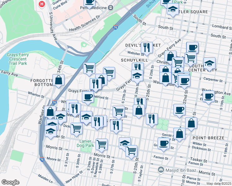 map of restaurants, bars, coffee shops, grocery stores, and more near 2719 Federal Street in Philadelphia