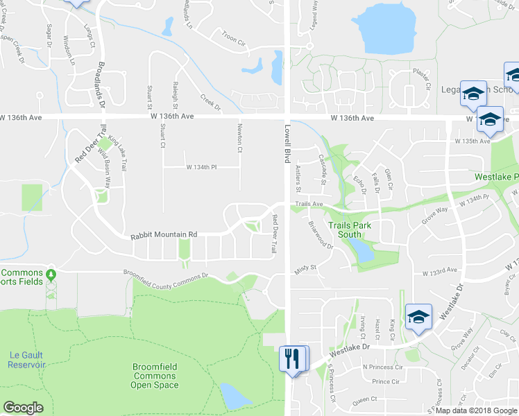 map of restaurants, bars, coffee shops, grocery stores, and more near 3704 Shadow Canyon Trail in Broomfield