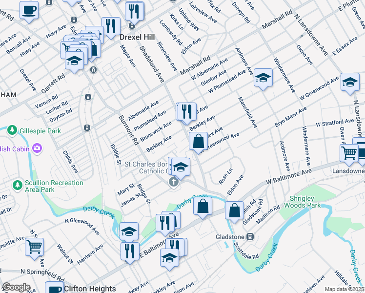 map of restaurants, bars, coffee shops, grocery stores, and more near 160 Shadeland Avenue in Upper Darby
