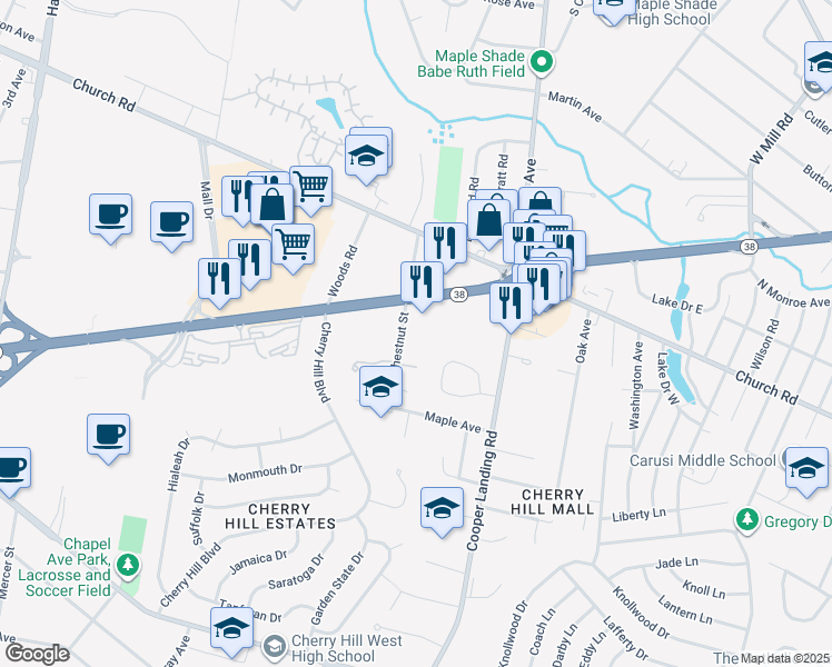 map of restaurants, bars, coffee shops, grocery stores, and more near 103 Chestnut Street in Cherry Hill