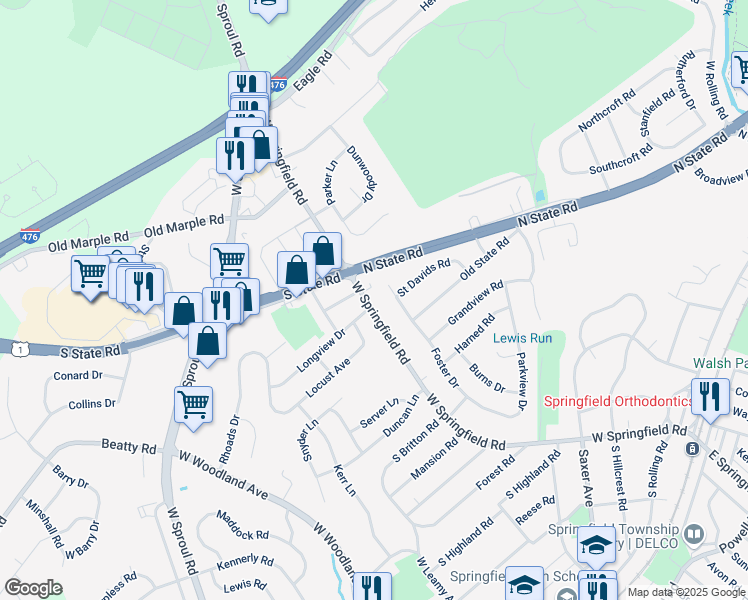 map of restaurants, bars, coffee shops, grocery stores, and more near 633 West Springfield Road in Springfield