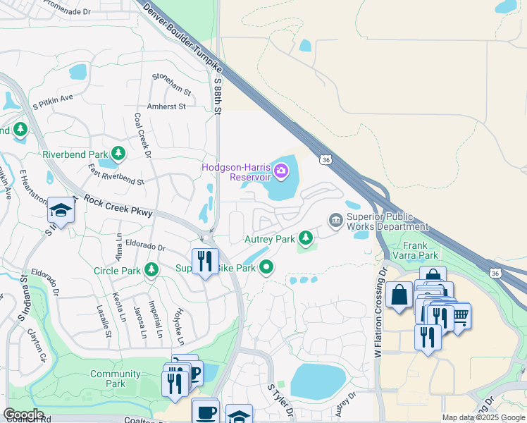 map of restaurants, bars, coffee shops, grocery stores, and more near 1611 Egret Way in Louisville
