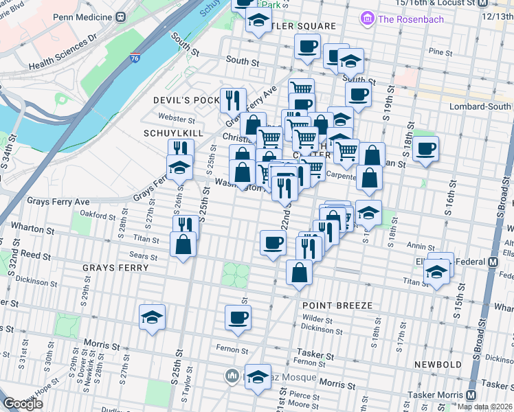 map of restaurants, bars, coffee shops, grocery stores, and more near in Philadelphia