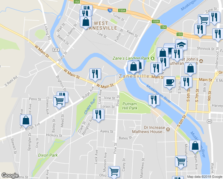 map of restaurants, bars, coffee shops, grocery stores, and more near 827 West Muskingum Avenue in Zanesville