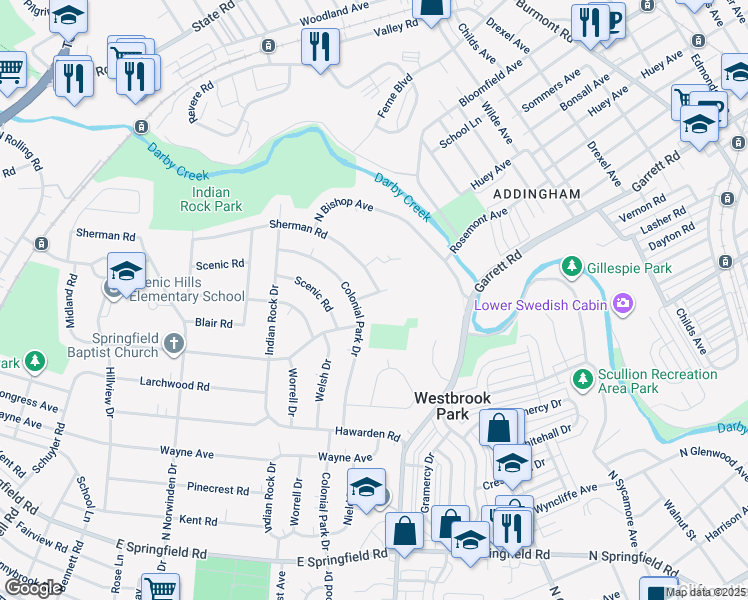 map of restaurants, bars, coffee shops, grocery stores, and more near 616 Hey Lane in Springfield