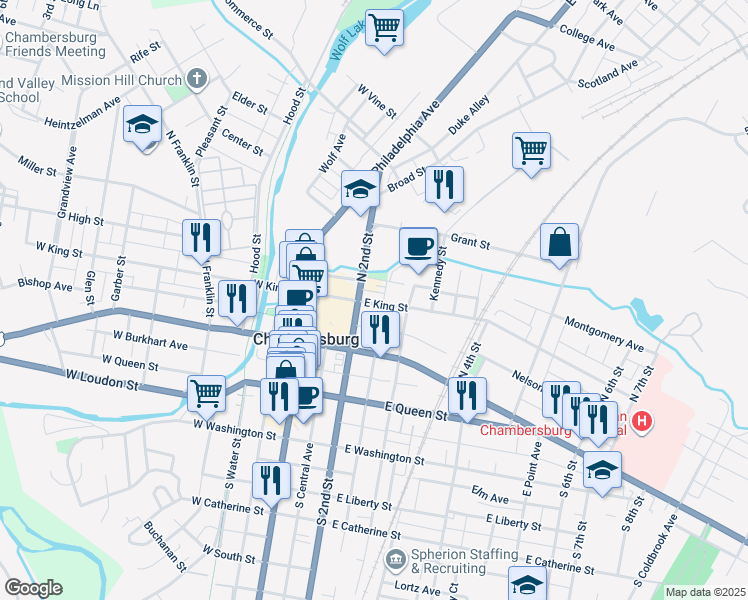 map of restaurants, bars, coffee shops, grocery stores, and more near 225 East King Street in Chambersburg