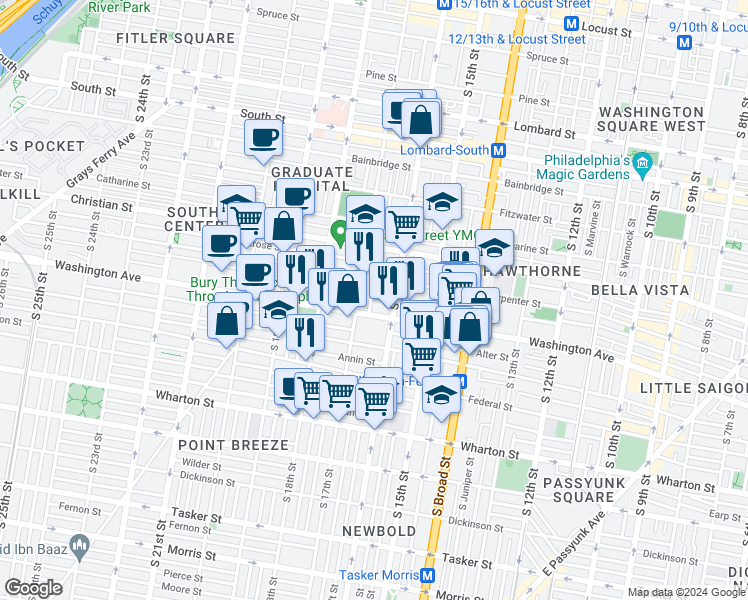 map of restaurants, bars, coffee shops, grocery stores, and more near 1029 South Chadwick Street in Philadelphia