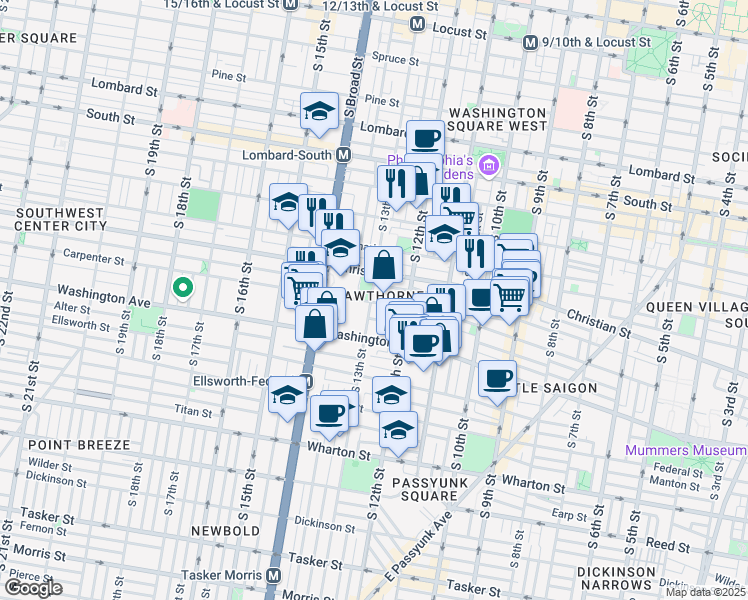 map of restaurants, bars, coffee shops, grocery stores, and more near 1245 Carpenter Street in Philadelphia