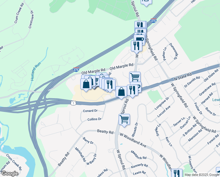 map of restaurants, bars, coffee shops, grocery stores, and more near 12 Stratford Drive in Springfield