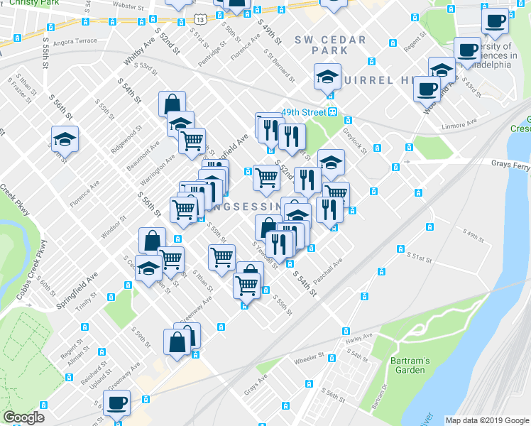 map of restaurants, bars, coffee shops, grocery stores, and more near 5321 Reinhard Street in Philadelphia