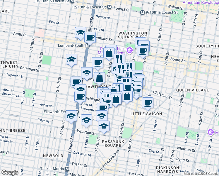 map of restaurants, bars, coffee shops, grocery stores, and more near 1130 Hall Street in Philadelphia