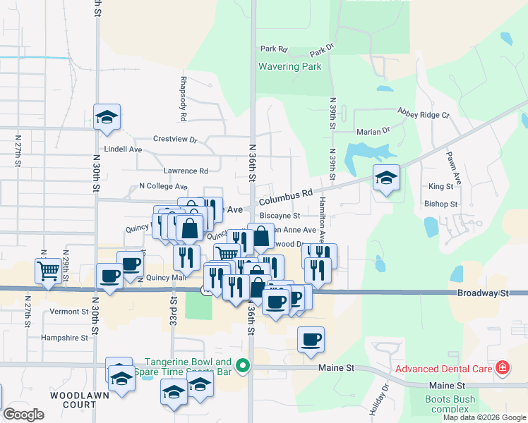 map of restaurants, bars, coffee shops, grocery stores, and more near 3609 Biscayne Street in Quincy