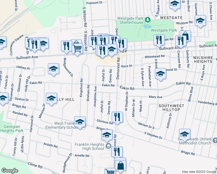 map of restaurants, bars, coffee shops, grocery stores, and more near 3483 Eakin Road in Columbus