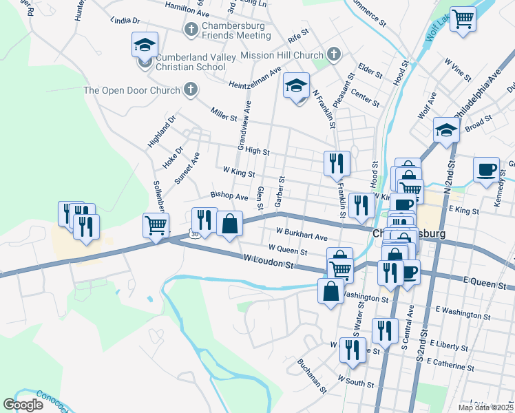 map of restaurants, bars, coffee shops, grocery stores, and more near 21 Glen Street in Chambersburg