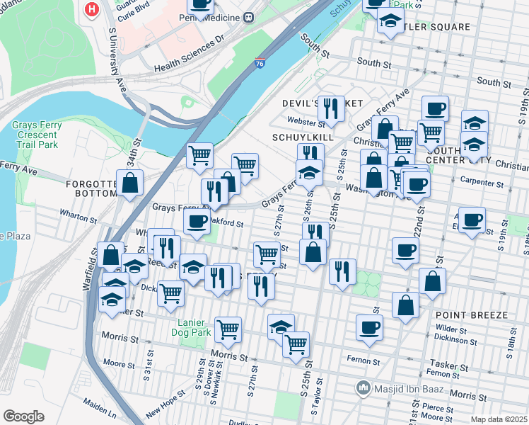 map of restaurants, bars, coffee shops, grocery stores, and more near 2719 Federal Street in Philadelphia