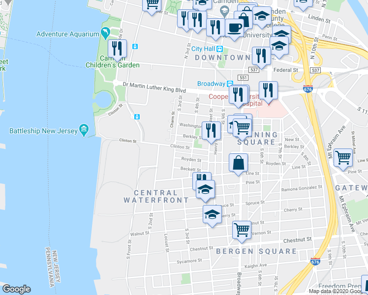 map of restaurants, bars, coffee shops, grocery stores, and more near 323 Clinton Street in Camden