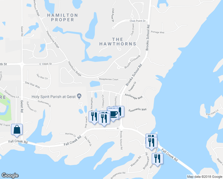 map of restaurants, bars, coffee shops, grocery stores, and more near 12222 Aldenham Boulevard in Fishers