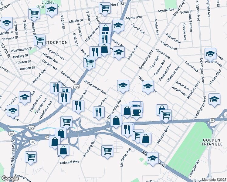 map of restaurants, bars, coffee shops, grocery stores, and more near 4436 Burwood Avenue in Pennsauken Township