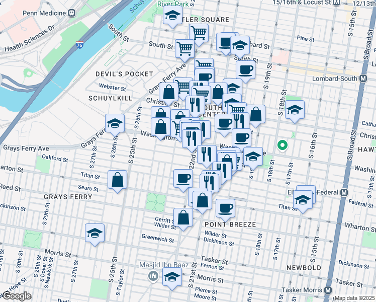 map of restaurants, bars, coffee shops, grocery stores, and more near 2202 Alter Street in Philadelphia