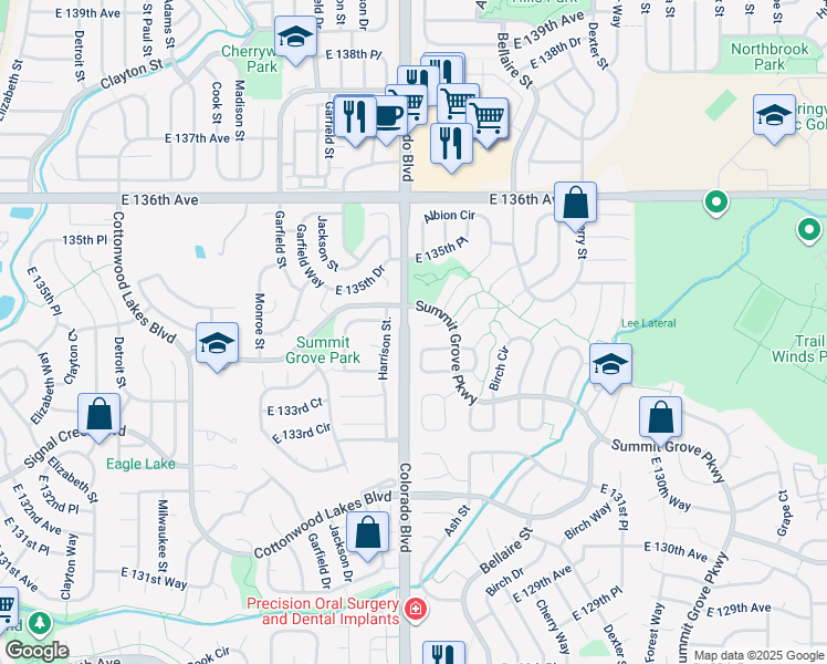 map of restaurants, bars, coffee shops, grocery stores, and more near 4008 East 133rd Place in Thornton