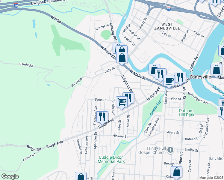 map of restaurants, bars, coffee shops, grocery stores, and more near 111 Corwin Avenue in Zanesville