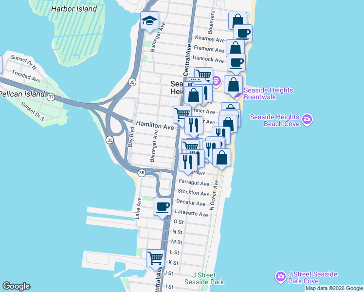 map of restaurants, bars, coffee shops, grocery stores, and more near 201 West Central Avenue in Seaside Heights