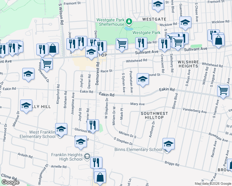 map of restaurants, bars, coffee shops, grocery stores, and more near 3312 Eakin Road in Columbus