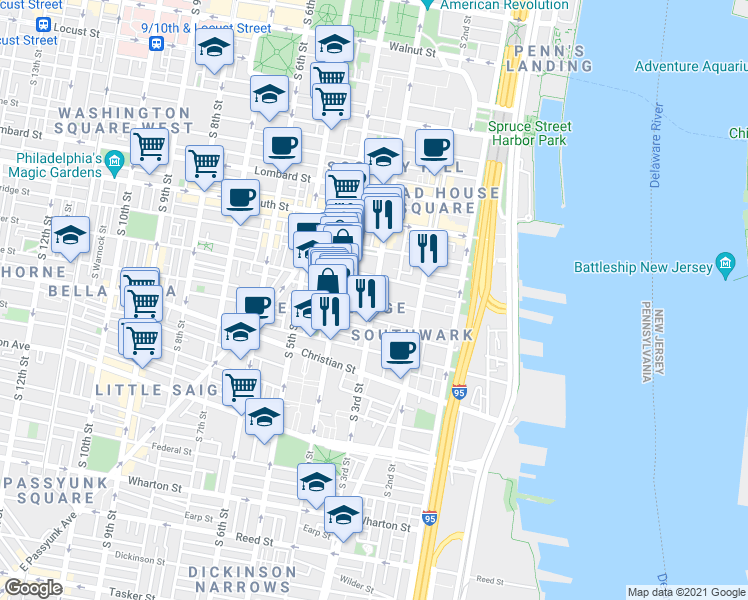 map of restaurants, bars, coffee shops, grocery stores, and more near Fitzwater Street & South 3rd Street in Philadelphia