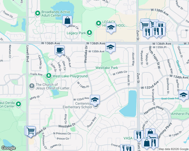 map of restaurants, bars, coffee shops, grocery stores, and more near 2985 West 134th Court in Broomfield