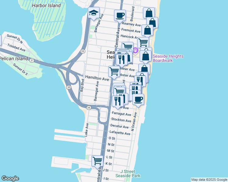 map of restaurants, bars, coffee shops, grocery stores, and more near 201 West Central Avenue in Seaside Heights