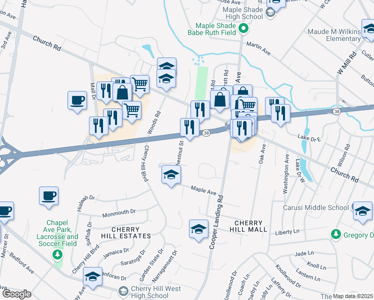 map of restaurants, bars, coffee shops, grocery stores, and more near 103 Chestnut Street in Cherry Hill