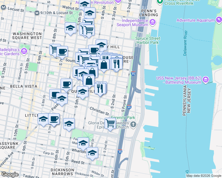 map of restaurants, bars, coffee shops, grocery stores, and more near 221 Fitzwater Street in Philadelphia