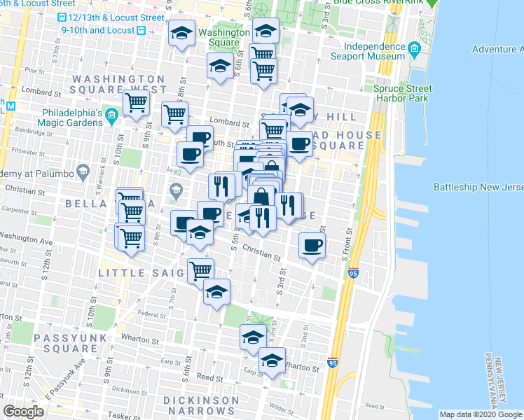 map of restaurants, bars, coffee shops, grocery stores, and more near in Philadelphia