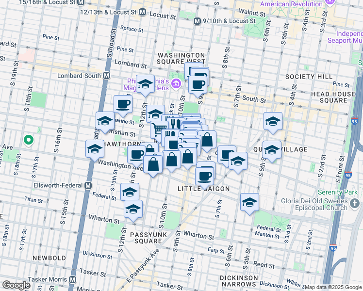map of restaurants, bars, coffee shops, grocery stores, and more near 932 South 10th Street in Philadelphia