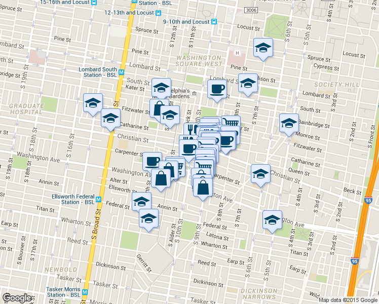 map of restaurants, bars, coffee shops, grocery stores, and more near in Philadelphia