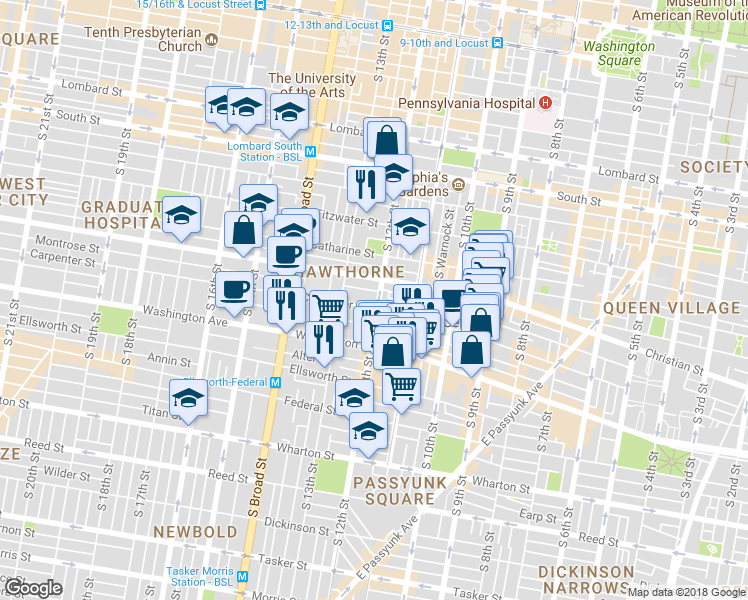 map of restaurants, bars, coffee shops, grocery stores, and more near 1217 Carpenter Street in Philadelphia