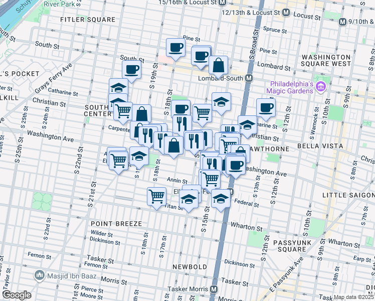 map of restaurants, bars, coffee shops, grocery stores, and more near 1027 South Chadwick Street in Philadelphia