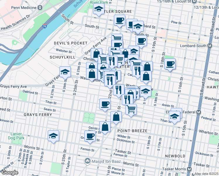 map of restaurants, bars, coffee shops, grocery stores, and more near 1108 South 22nd Street in Philadelphia