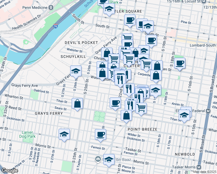 map of restaurants, bars, coffee shops, grocery stores, and more near in Philadelphia