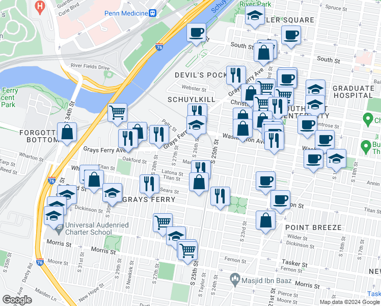 map of restaurants, bars, coffee shops, grocery stores, and more near 2614 Annin Street in Philadelphia